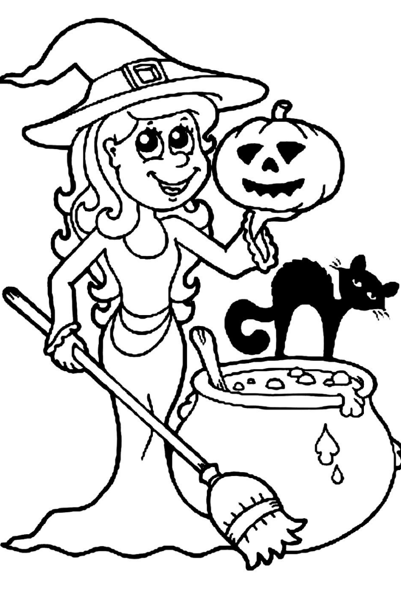 Dibujo de Halloween para colorear de bruja con caldero