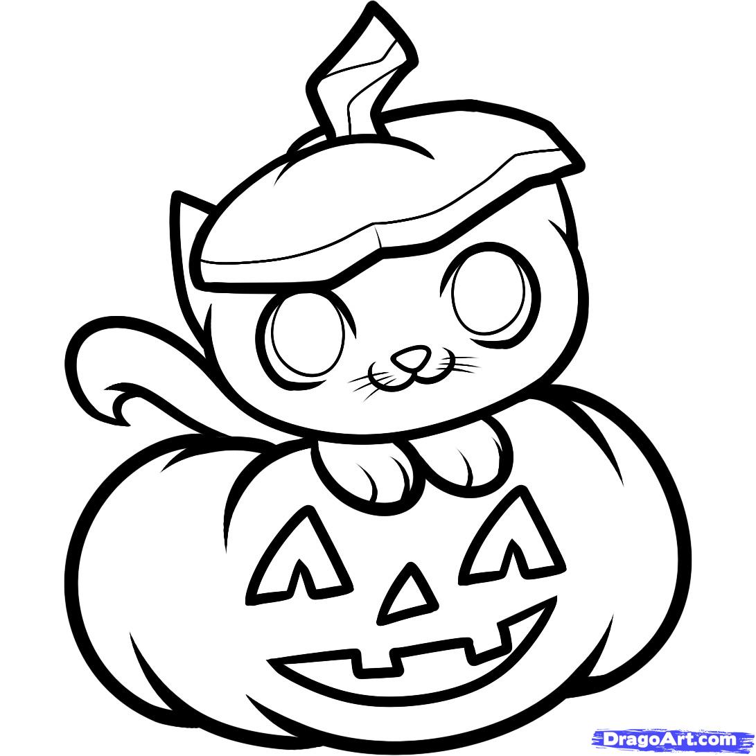 dibujo de gato y calabaza facil para halloween